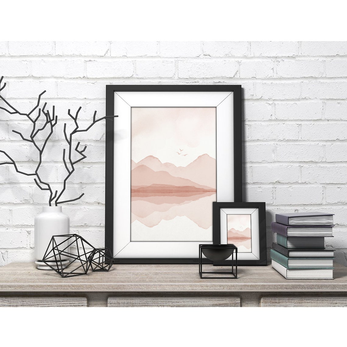 Blush Mountain Reflection Three Flying Birds Watercolor Poster - Image 4