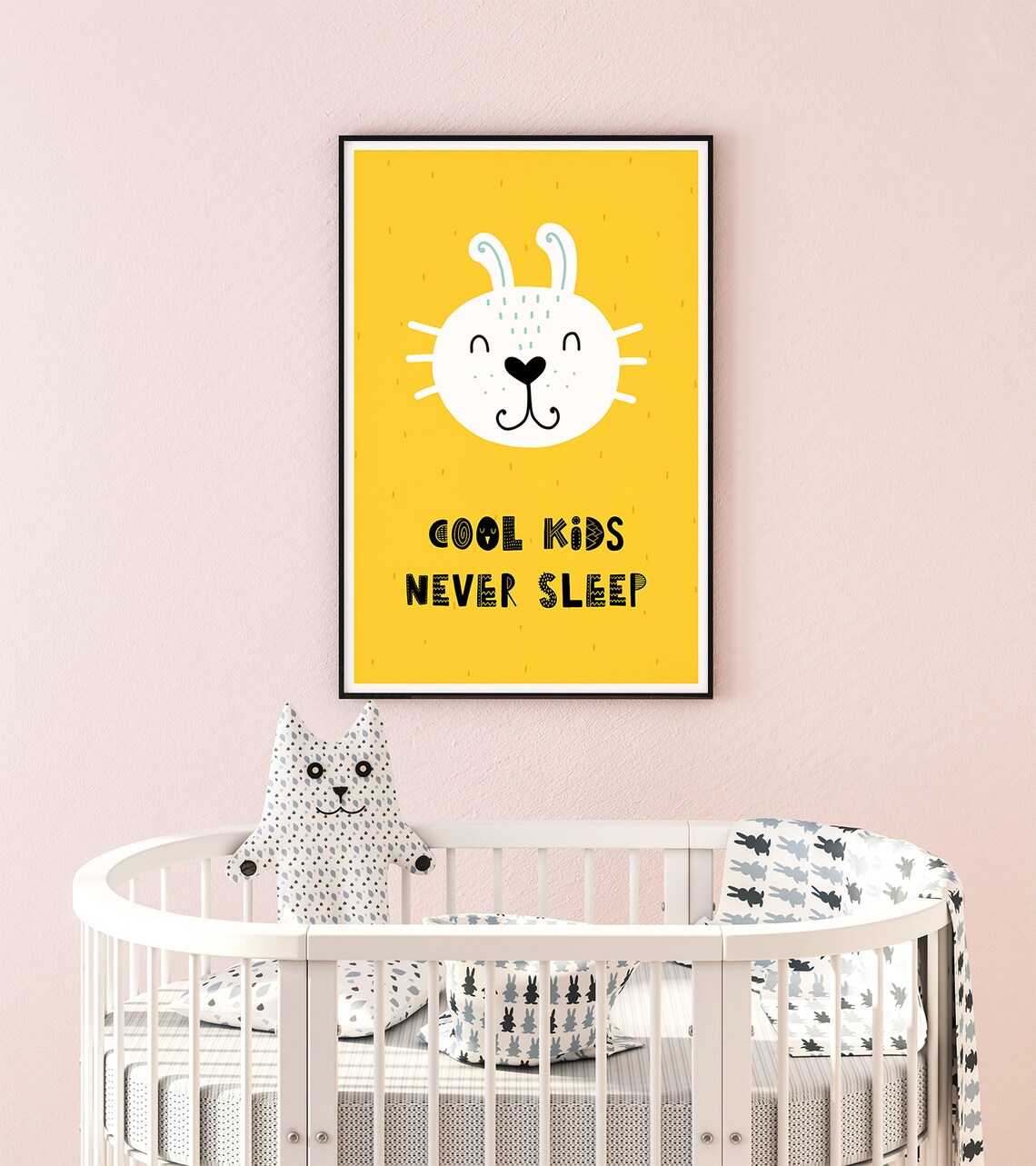 Cool Kids Never Sleep Bunny Poster Yellow Kids Bedroom Playroom Decor - Image 2