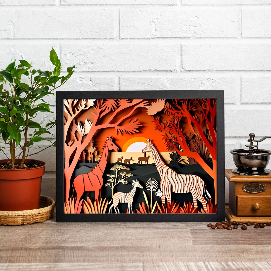 Giraffes Zebras Blazing Sunset Safari Paper Cut Nursery Art Poster - Image 2