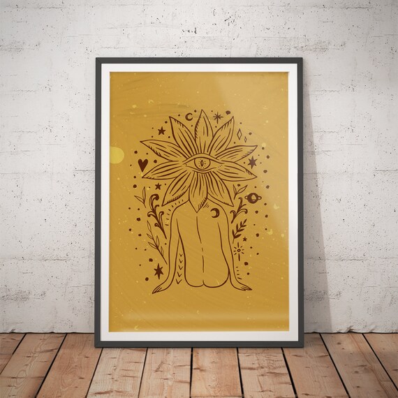 Surrealist Flower Eyed Woman Mustard Line Art Poster for Modern Home Decor