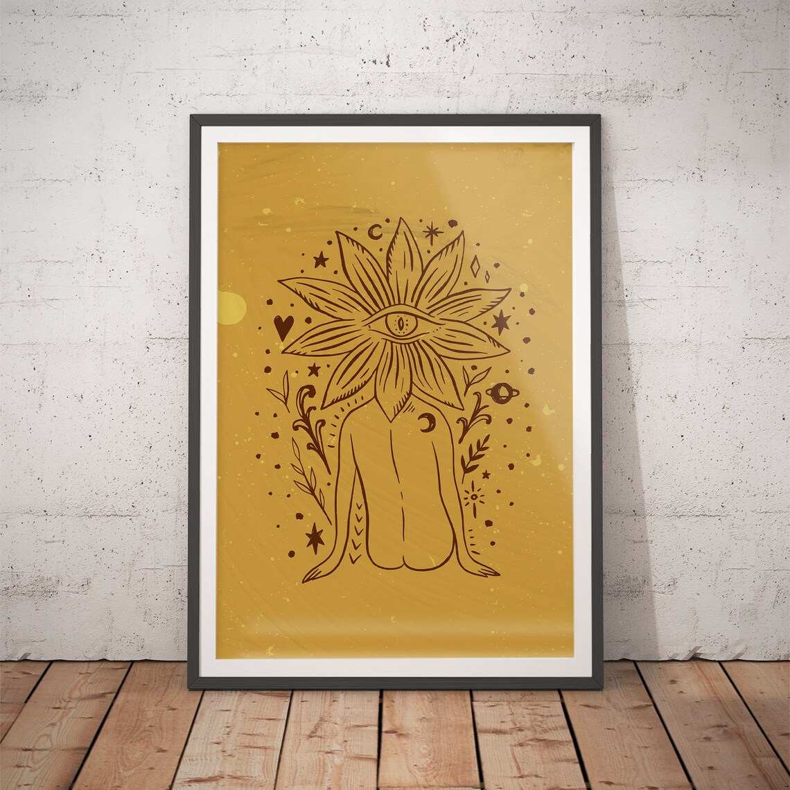Surrealist Flower Eyed Woman Mustard Line Art Poster for Modern Home Decor