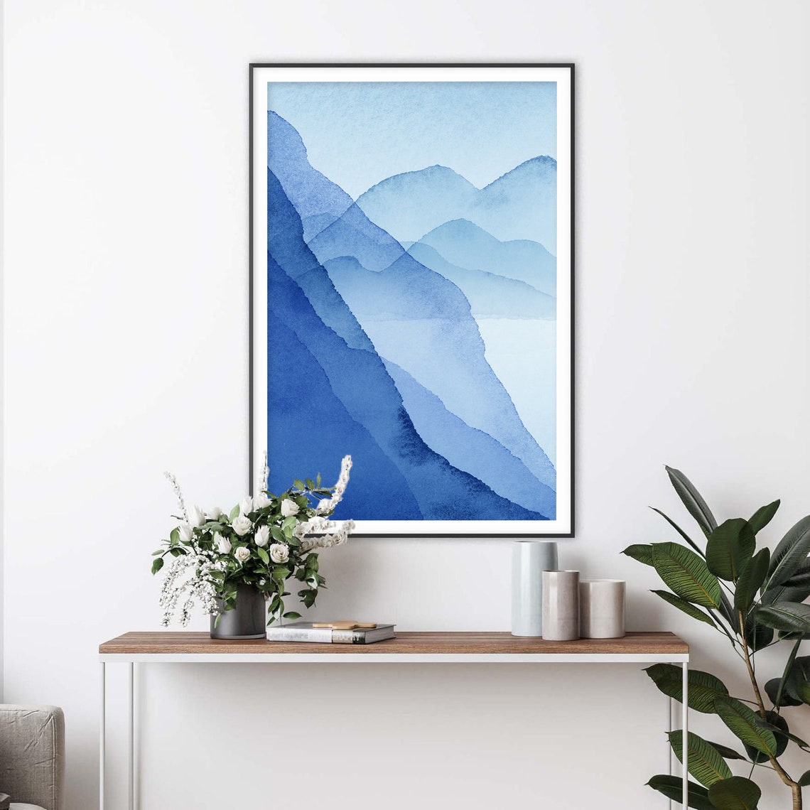 Blue Gradient Mountain Layers Serene Watercolor Landscape Poster - Image 2