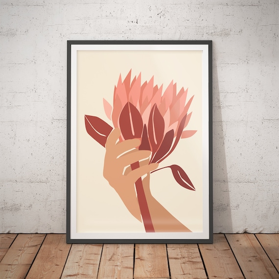 Stylized Hand Holding Coral Protea Flower Poster for Modern Home Decor