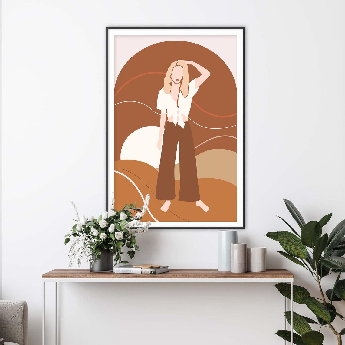 Blonde Woman Wide Leg Pants Terracotta Arch Poster for Modern Home Decor - Image 2