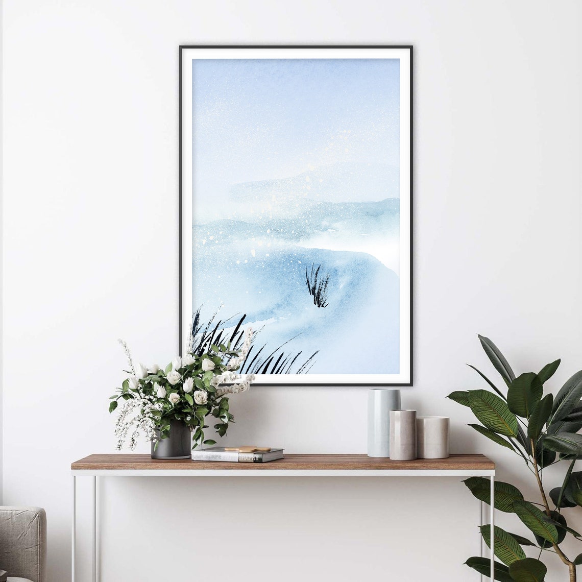 Misty Pale Beach With Dark Reeds Minimalist Watercolor Poster - Image 2