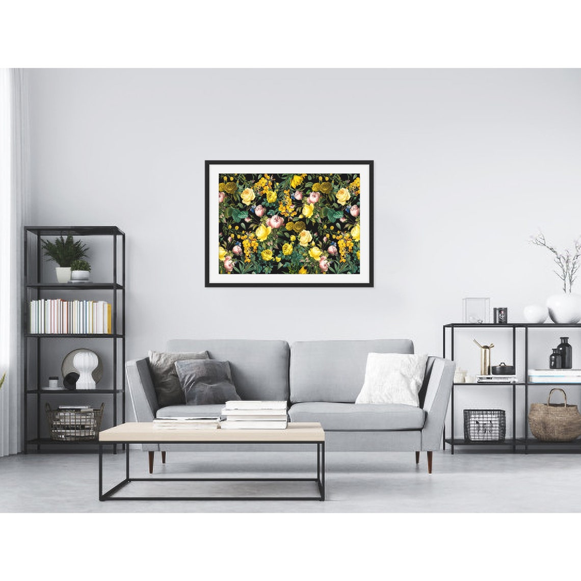 Vintage Yellow Roses and Wildflowers on Black Botanical Poster - Image 3