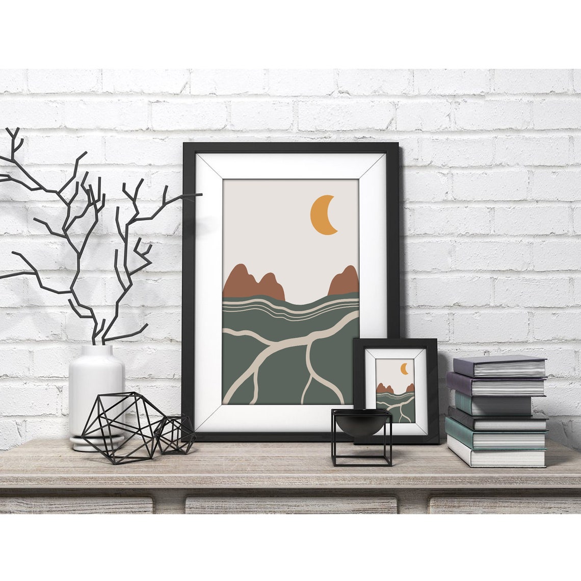 Crescent Moon Over Sage Green Hills And Valley Modern Landscape Poster - Image 3