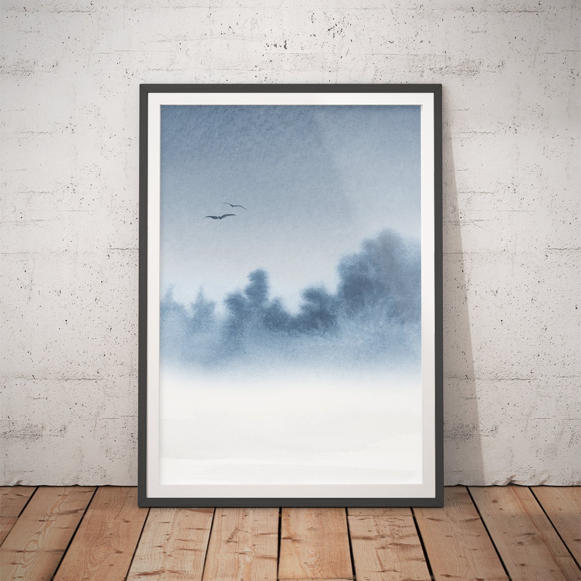 Misty Blue Forest Two Birds Flying Watercolor Landscape Poster