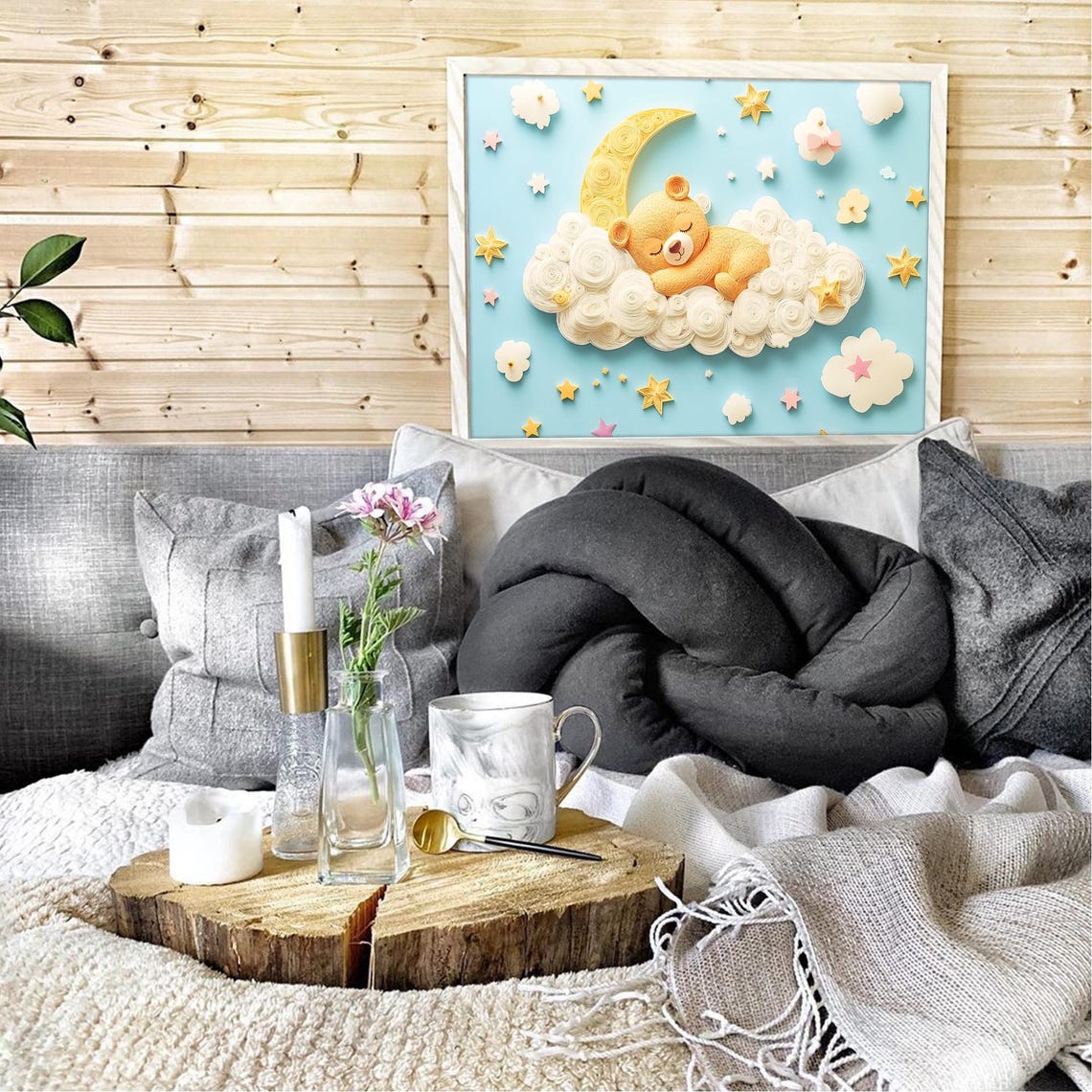Sweet Sleeping Bear Moon Cloud Cute Nursery Paper Art Poster - Image 3