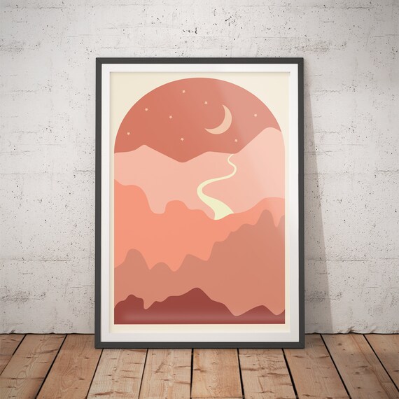 Dusty Rose Night Landscape with Moon and Stars Arched Scene Poster