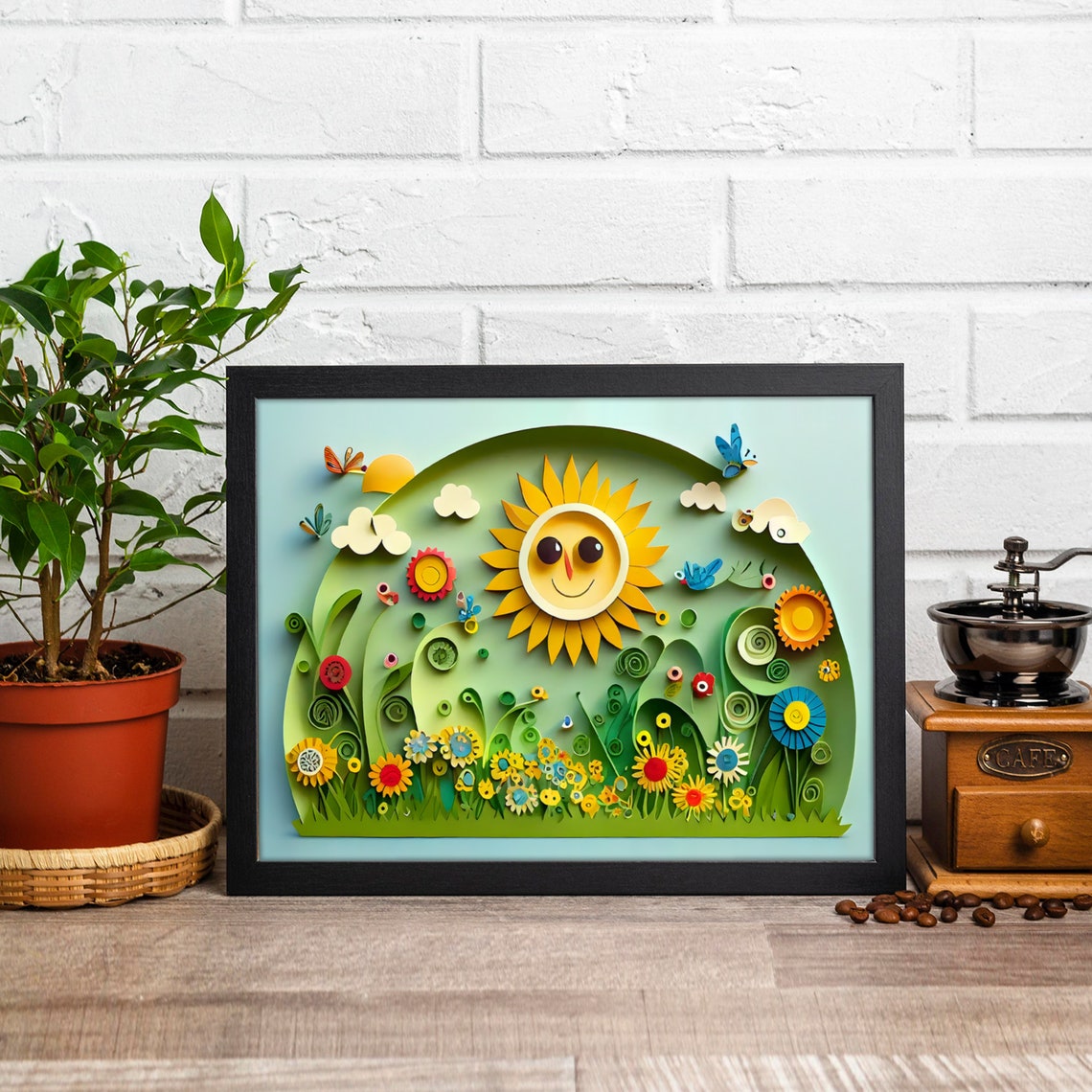 Cheerful Smiling Sun Spring Garden Paper Cut Nursery Kids Poster - Image 4