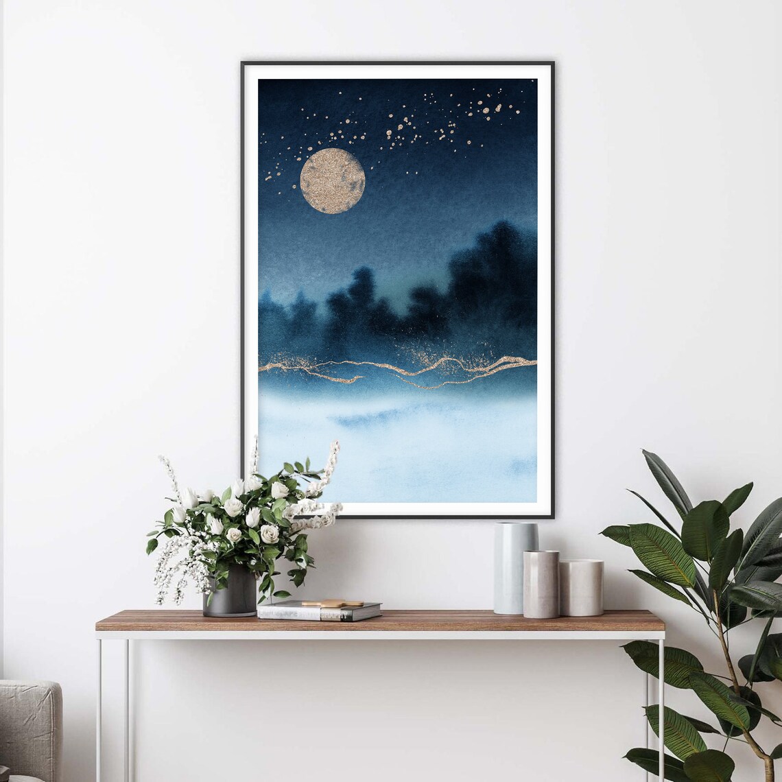 Golden Moon Over Misty Lake Night Watercolor Landscape Poster - Image 2