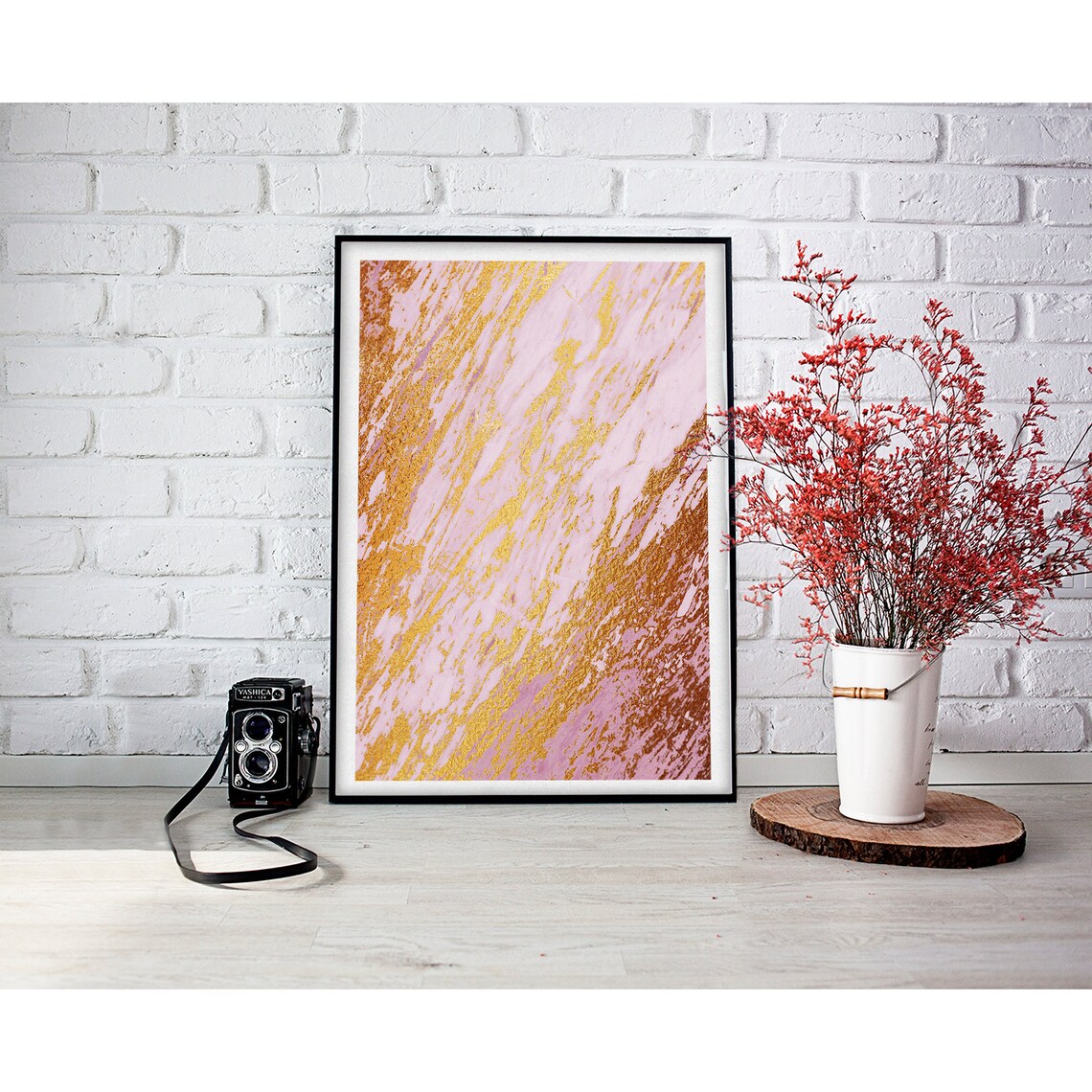 Pink Marble Diagonal Gold Foil Streaks Glam Abstract Art Poster - Image 2