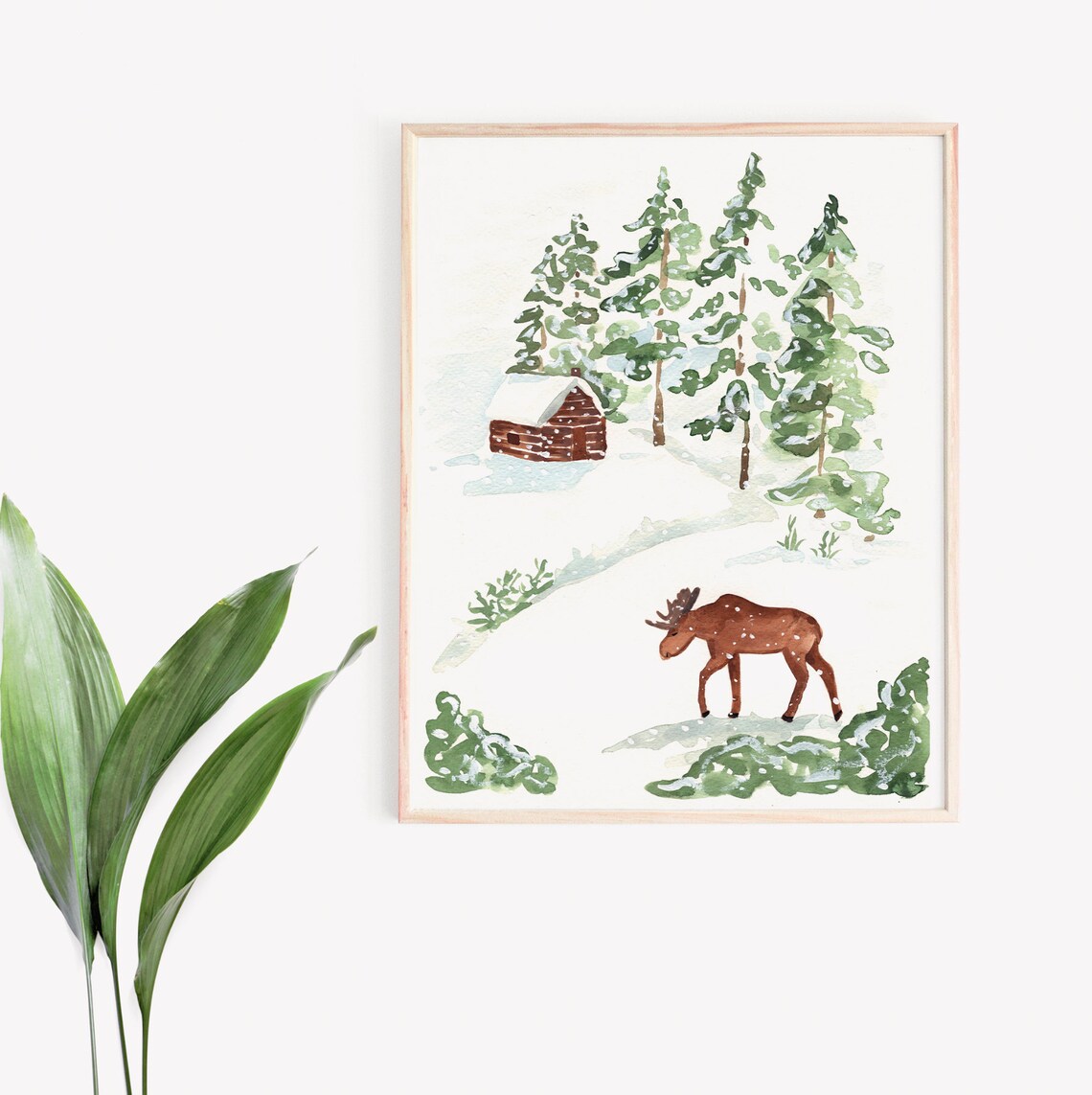 Winter Cottage Art Print, Canadian Moose Landscape - Image 3