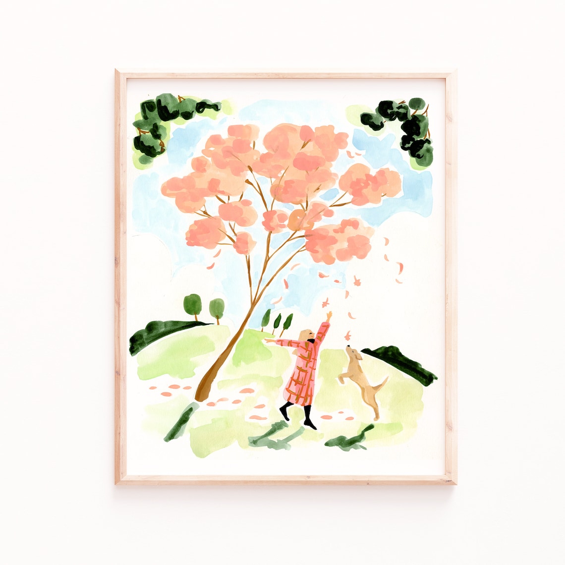 Fall Leaves Art Print, Autumn Girl and Dog