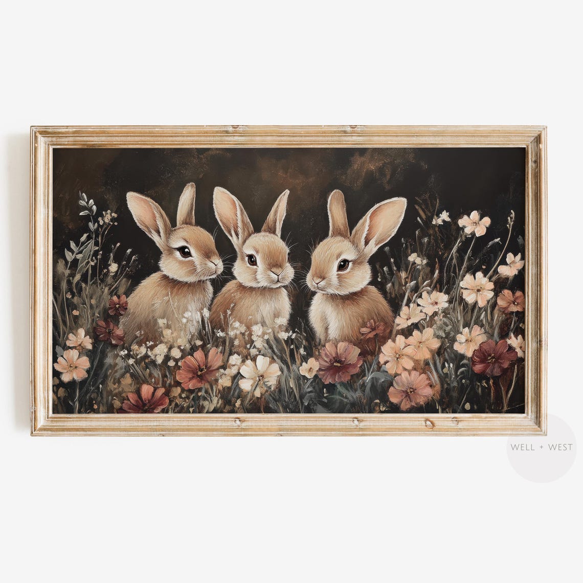 Three Bunnies Among Burgundy Wildflowers Vintage Style Moody Print