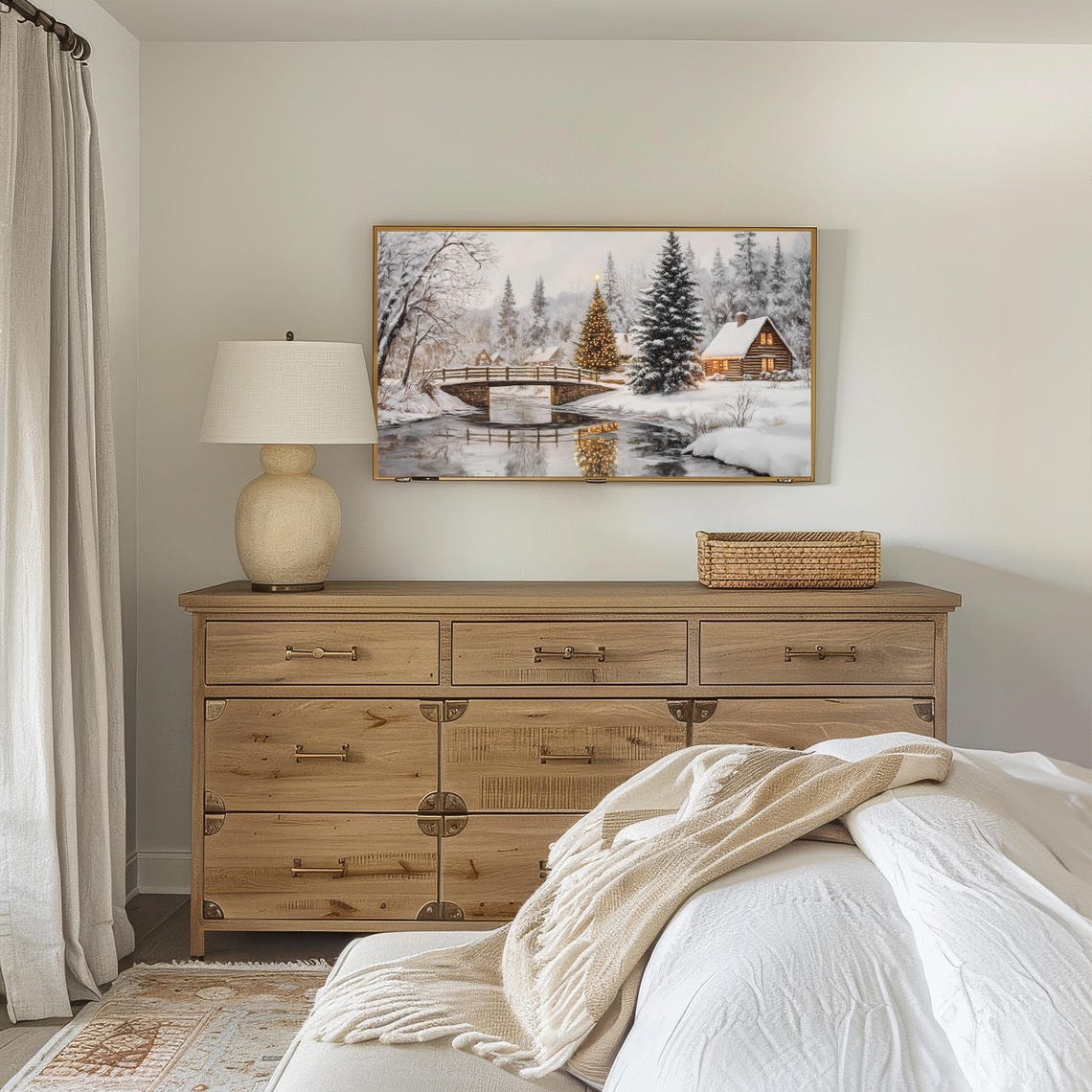 Cozy Winter Cabin Creek Bridge Christmas Tree Vintage Snow Wall Art - Image 2