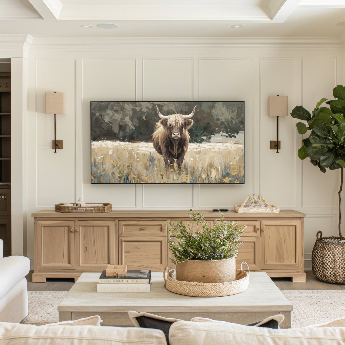 Frame Tv Art Highland Cow Vintage Style Wildflower Field Painting Summer Country Farmhouse Decor Scottish Cattle Tv065 - Image 3