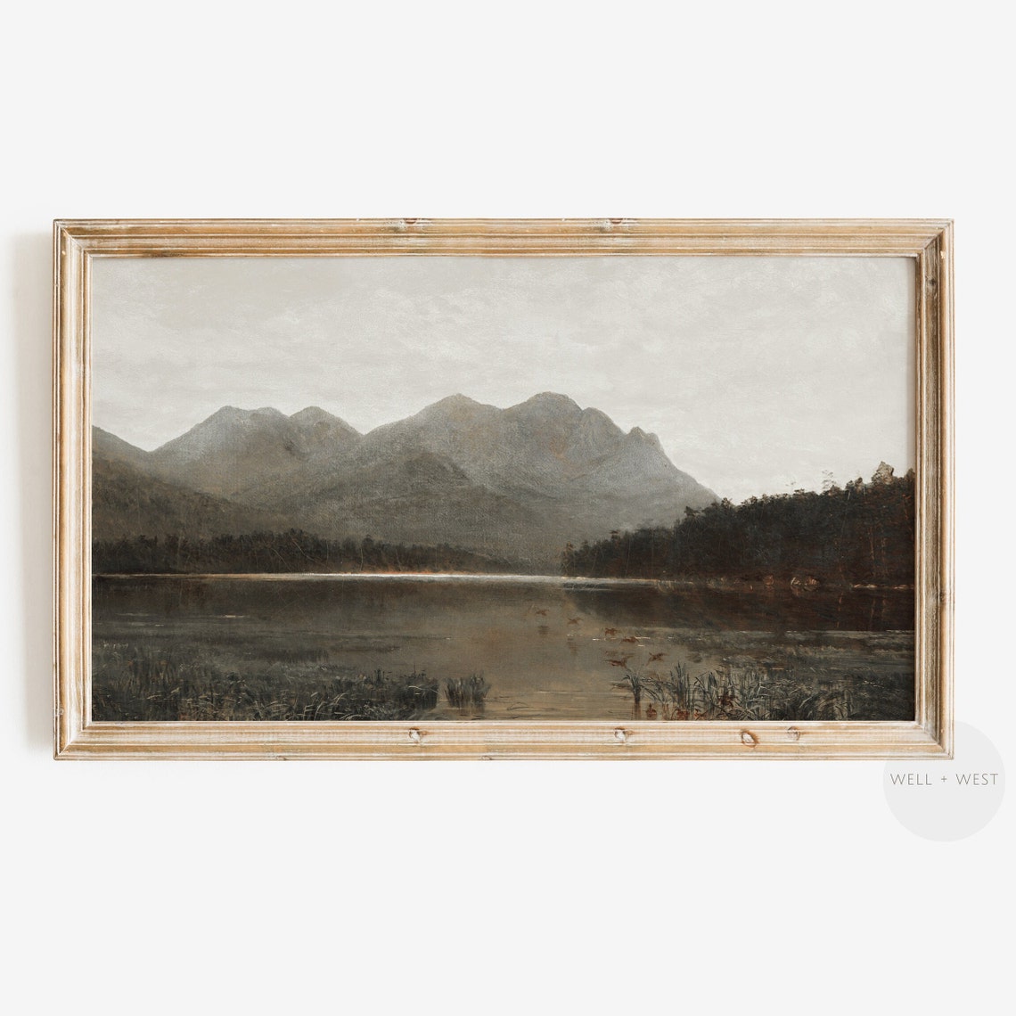Country Lake Frame Tv Art Mountain Landscape Oil Painting Flock Of Birds Neutral Lake House Decor Summer Evening Art Tv198