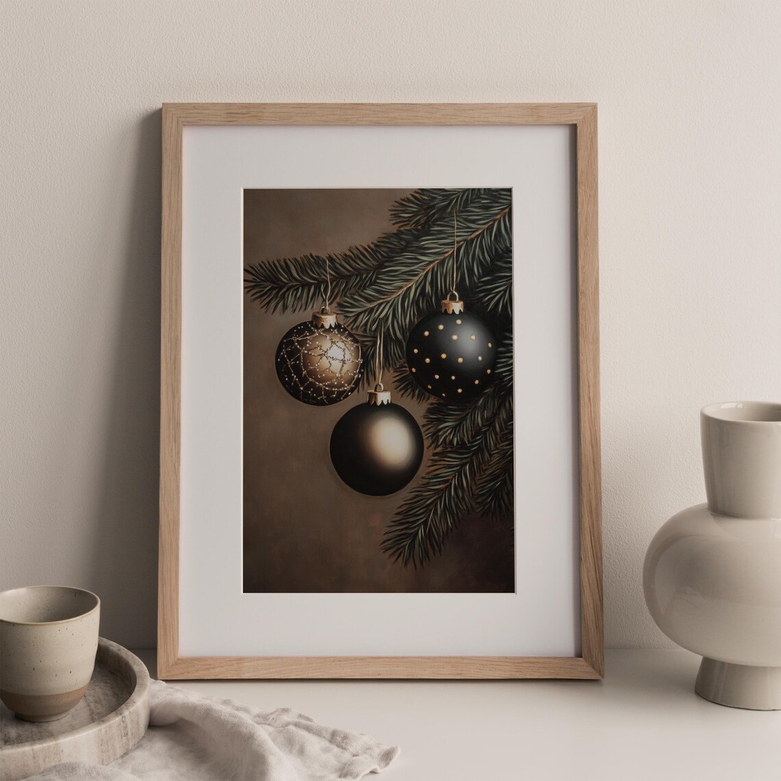 Moody Black Christmas Ornaments Pine Branch Dark Holiday Wall Art - Image 2