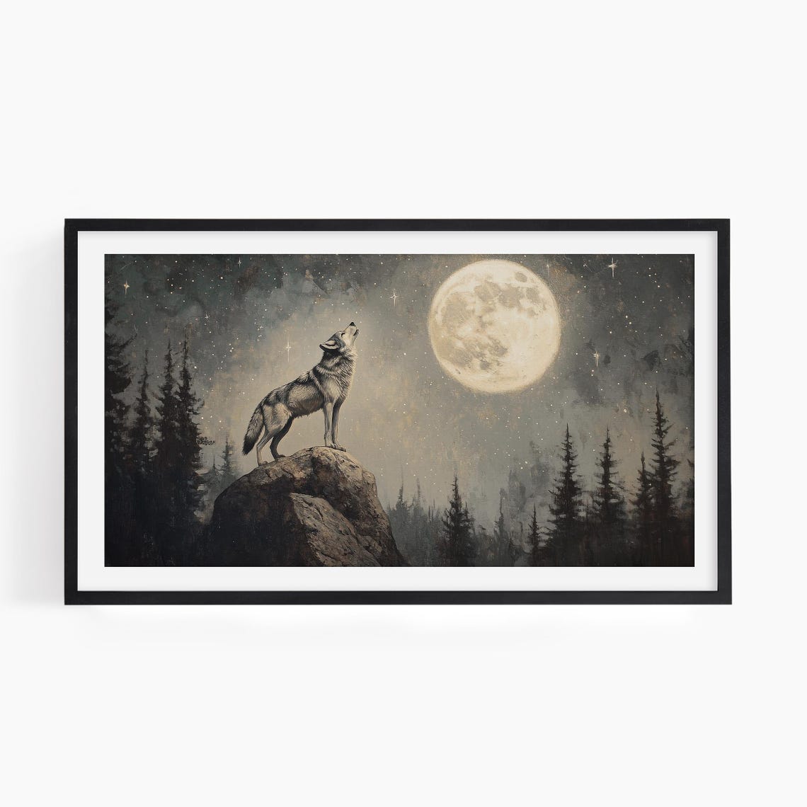 Wolf Howling At Full Moon Starry Night Forest Vintage Art Print - Image 3