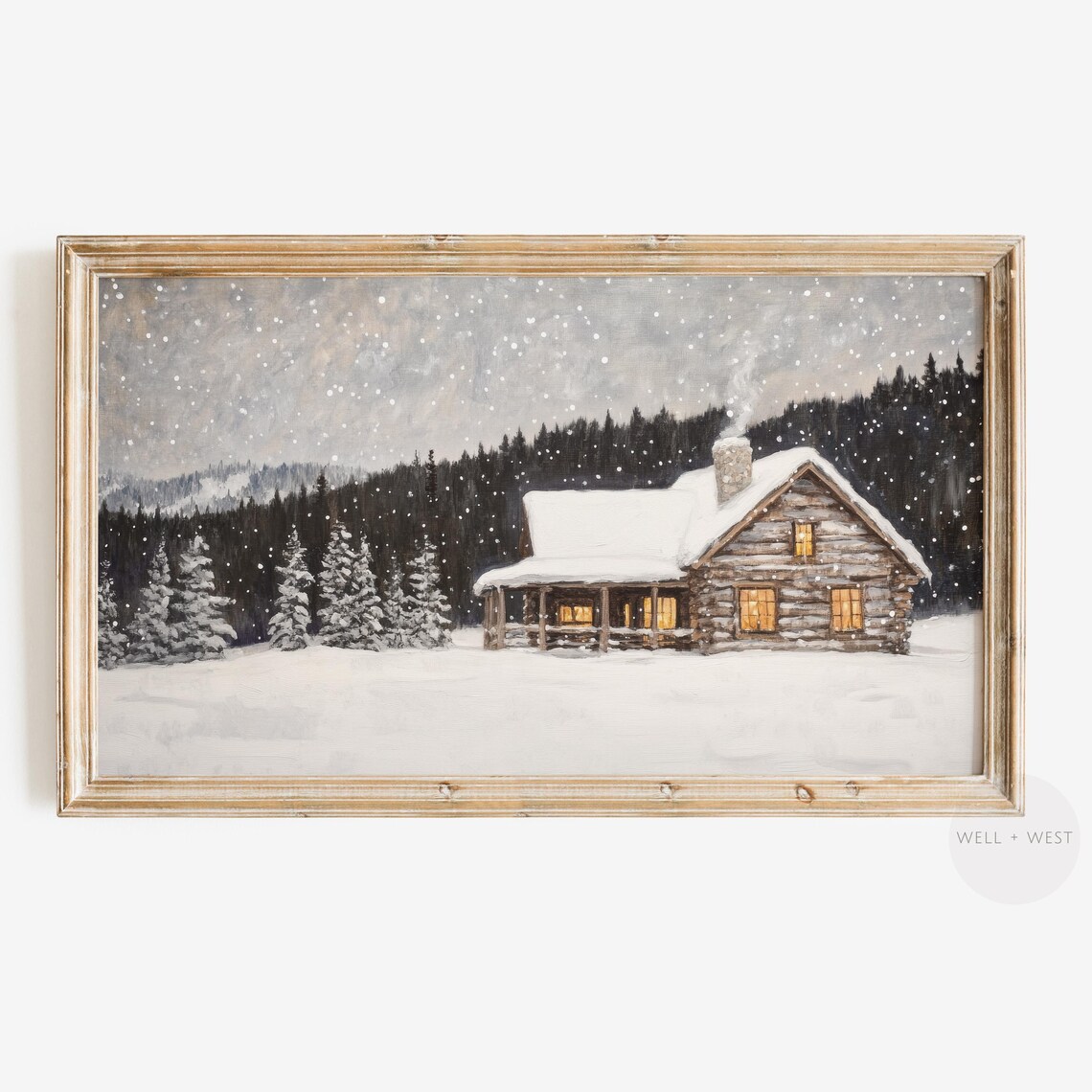 Winter Cabin Neutral Vintage Style Holiday Art Print