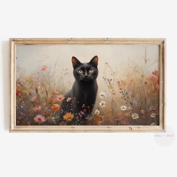 Vintage Black Cat Wildflower Meadow Autumn Floral Animal Art Poster