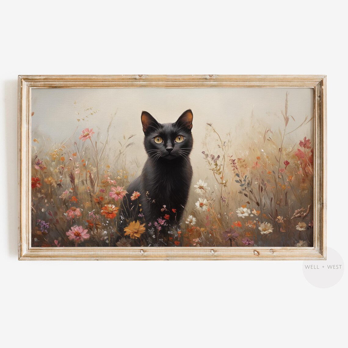 Vintage Black Cat Wildflower Meadow Autumn Floral Animal Art Poster