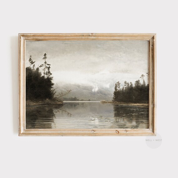 Vintage Fall Print River Landscape Oil Painting Moody Neutral Autumn Landscape Art Rustic Forest Farmhouse Decor P200