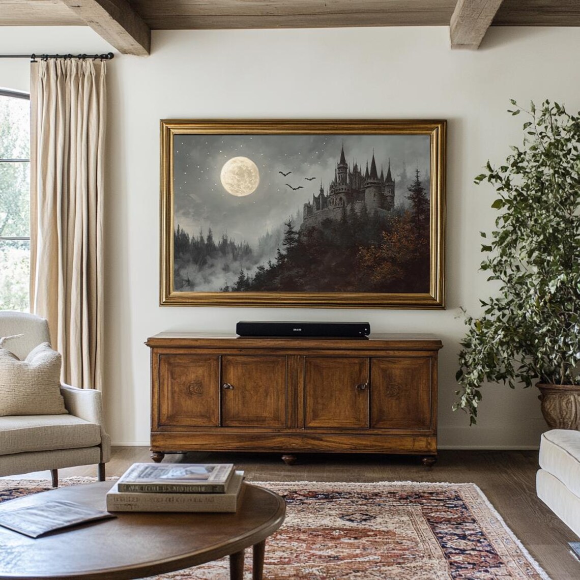 Haunted Castle Under a Full Moon Gothic Spooky Halloween Painting Wall Poster - Image 2