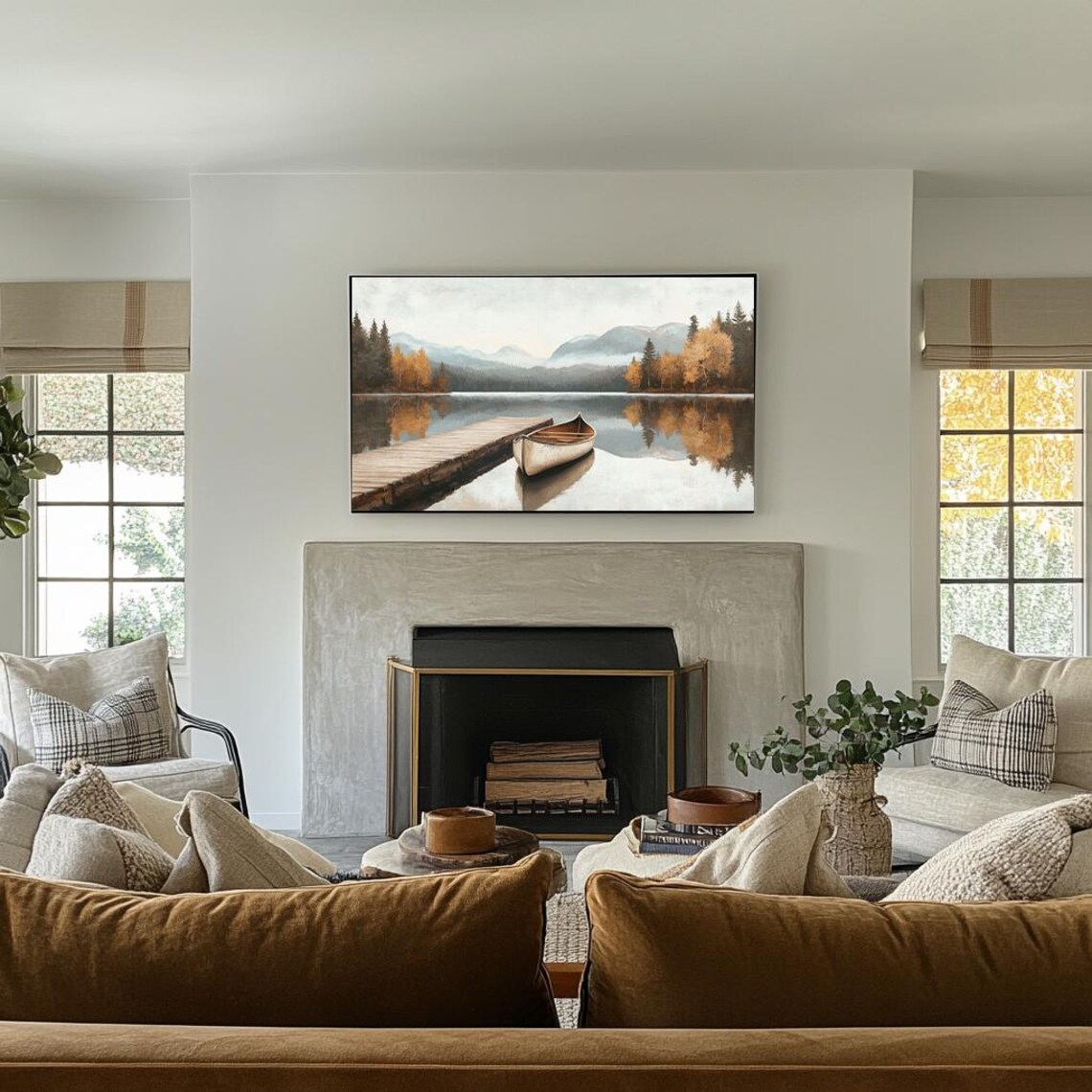 Fall Lake Frame Tv Art Autumn Landscape Painting Canoe Boat Tv Art Fall Country Cottage Decor Vintage Style Thanksgiving Art Tv337 - Image 3
