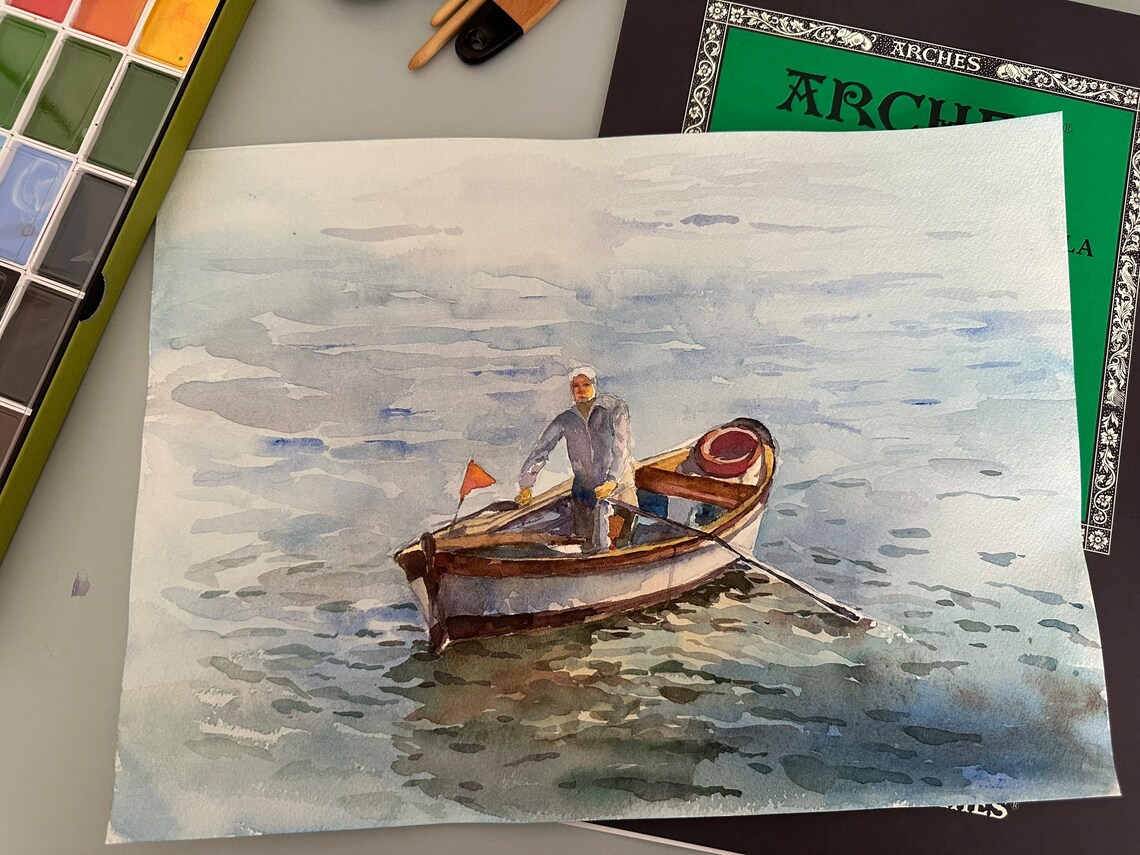 Fisherman Rowing Wooden Boat on Calm Sea Watercolor Art Poster - Image 4