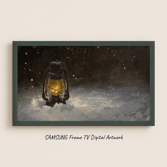 Vintage Glowing Lantern in Winter Snow Night Oil Painting Poster