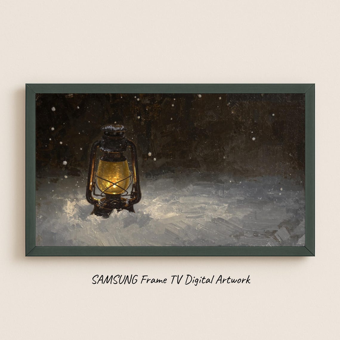 Vintage Glowing Lantern in Winter Snow Night Oil Painting Poster
