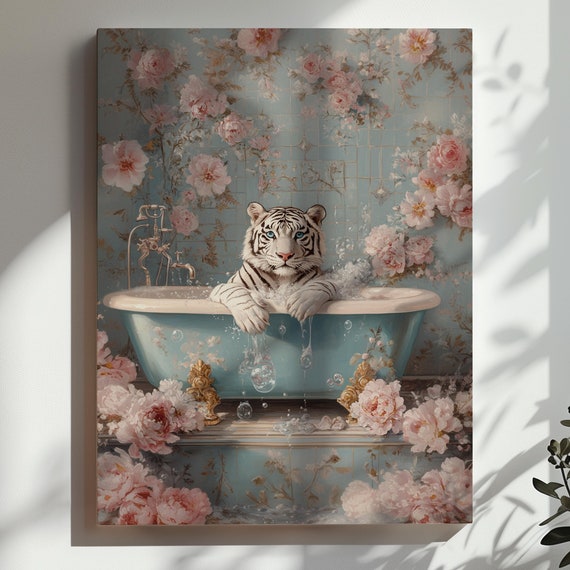 White Tiger In Bathtub Wall Art Bathroom Wall Decor Vintage Floral Pink Roses Painting Poster
