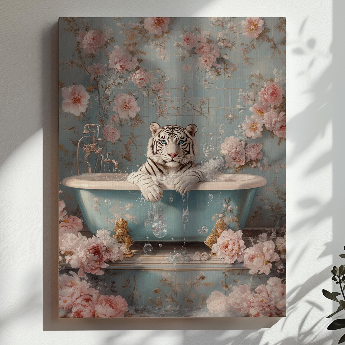White Tiger in a Vintage Bathtub with Pink Roses Funny Poster