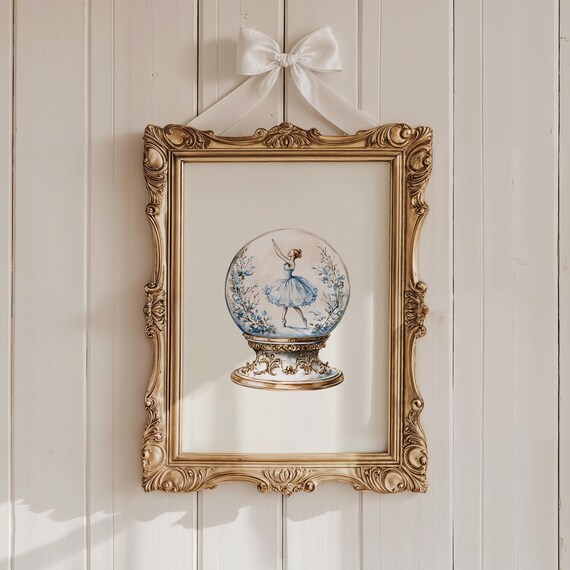 Blue Nutcracker Ballerina Snow Globe Watercolor Christmas Poster