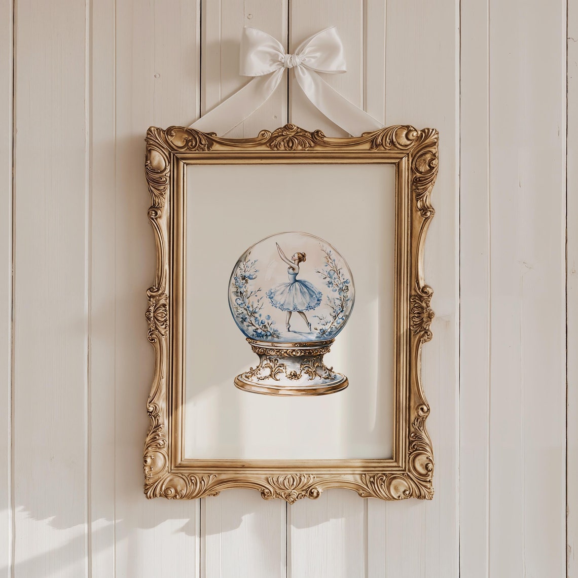 Blue Nutcracker Ballerina Snow Globe Watercolor Christmas Poster