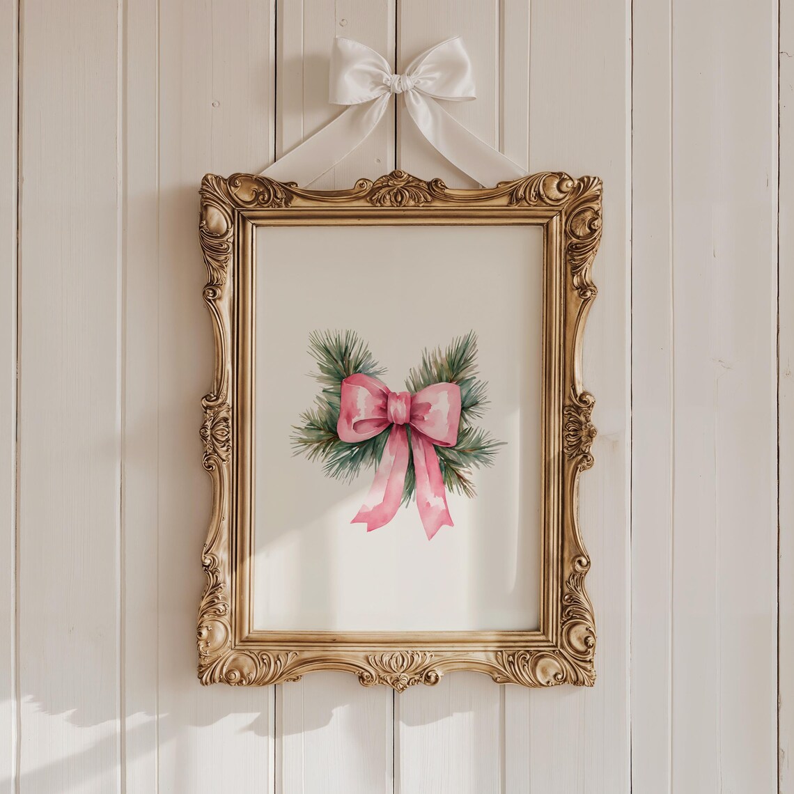 Coquette Pink Bow Pine Sprig Watercolor Christmas Decor Poster