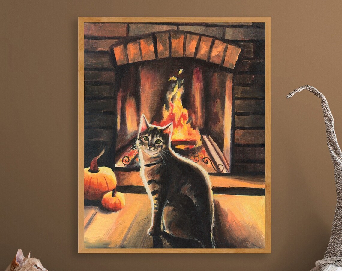 Tabby Cat By Fireplace Autumn Oil Painting With Pumpkins Poster - Image 6