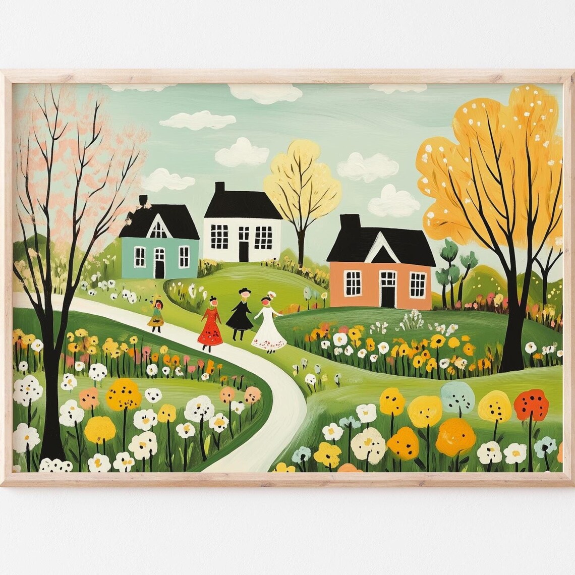 Whimsical Spring Countryside Folk Art Cottages Flower Path Travel Poster