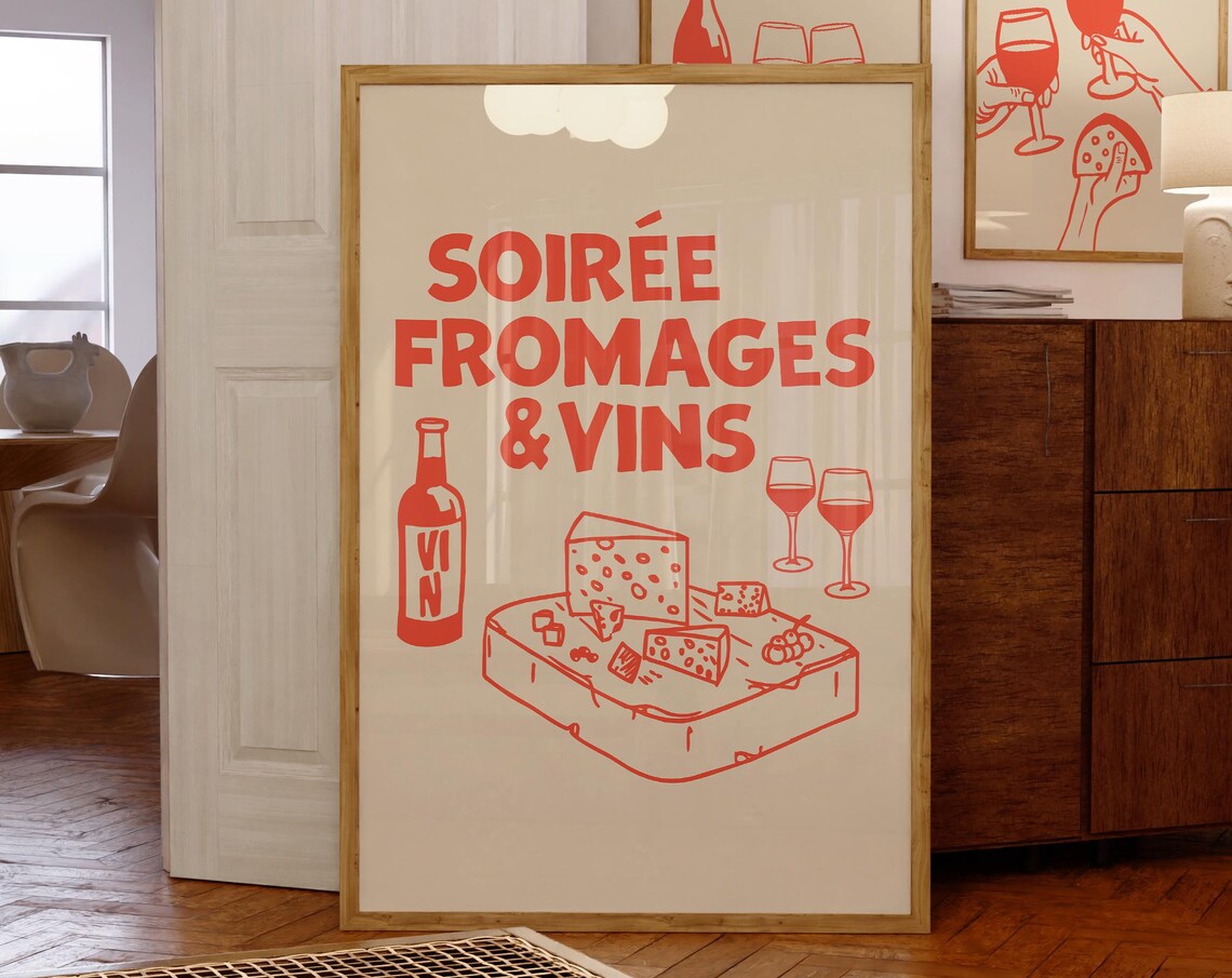 Soiree Fromages Vins Bright Red Cheese Board French Kitchen Poster