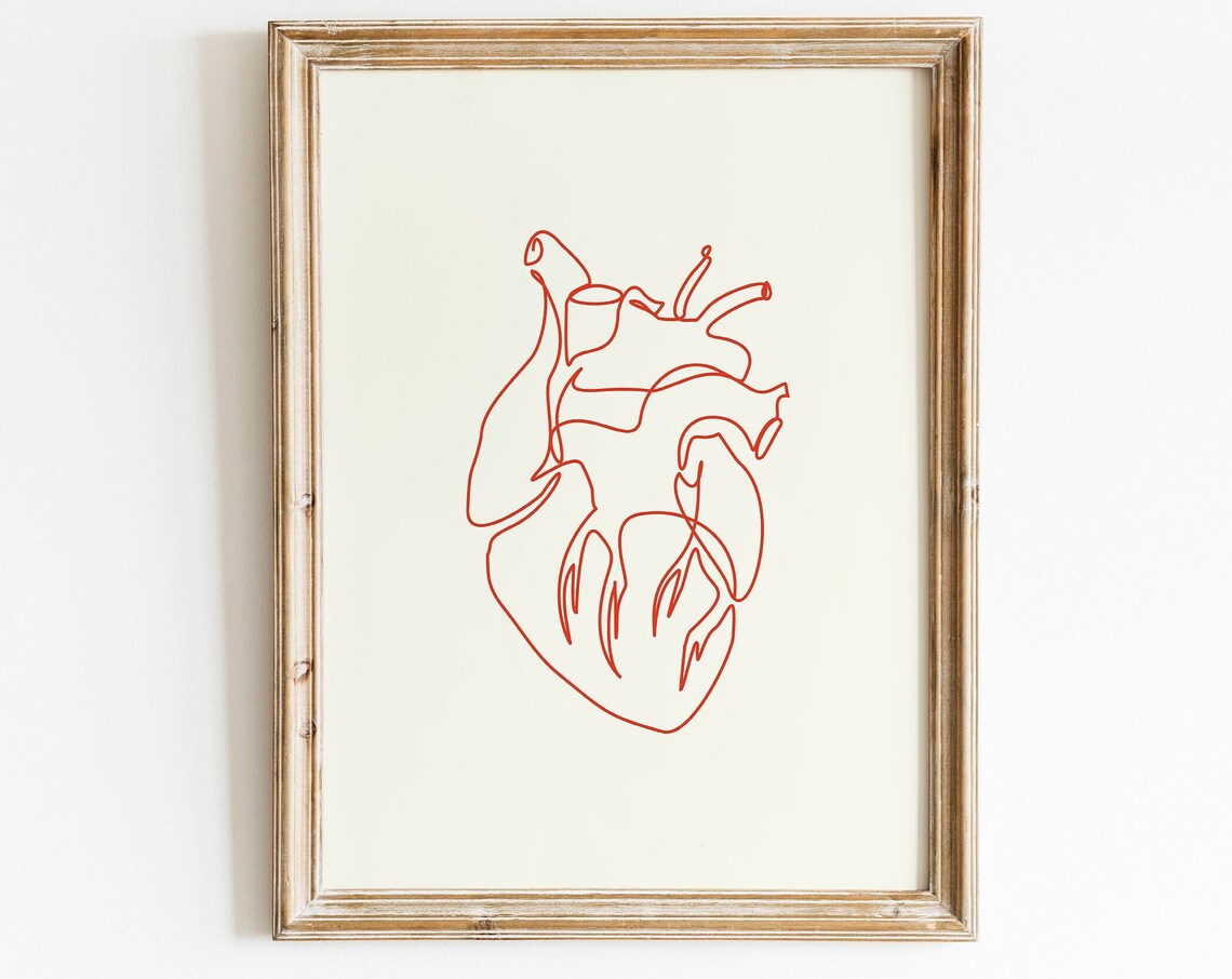 Anatomical Heart Red Continuous Line Drawing Medical Minimalist Poster