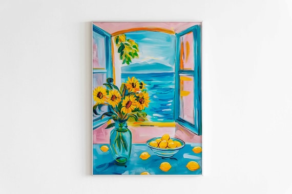 Henri Matisse Style Sunflowers Lemons Pink Blue Window Poster