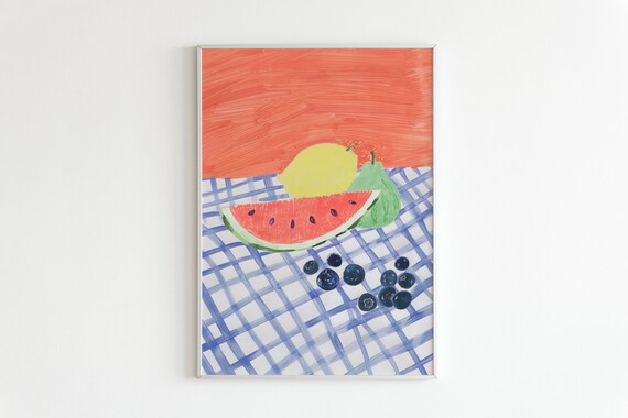 Watermelon Lemon Blueberry Still Life Checkered Cloth Art Poster