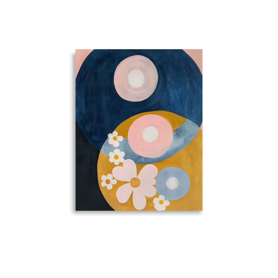 Hilma af Klint Style Navy Mustard Circles Pink Flowers Art Poster - Image 4