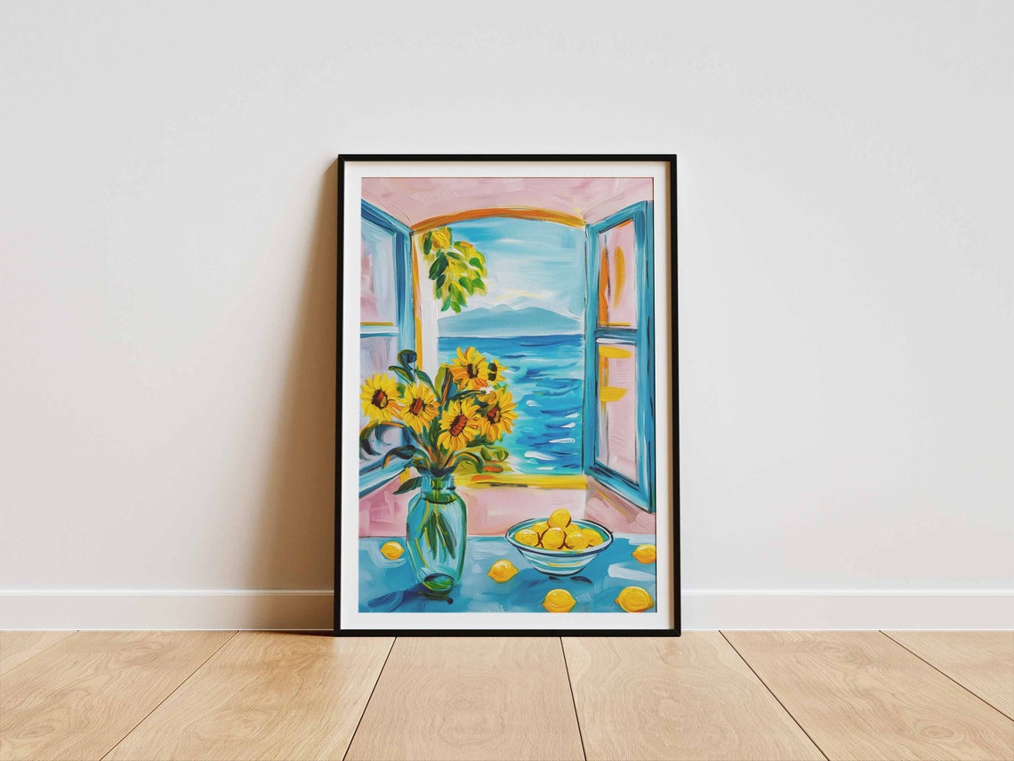 Henri Matisse Style Sunflowers Lemons Pink Blue Window Poster - Image 4