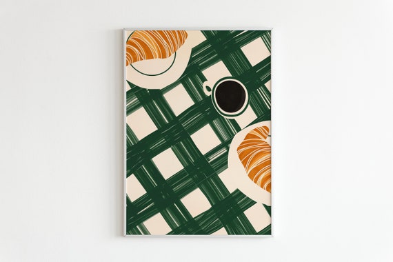 Coffee Croissant Print Kitchen Coffee Poster Croissant Lover Gift French Cafe Breakfast Art Minimal Hand Drawn Retro Bakery Wall Art
