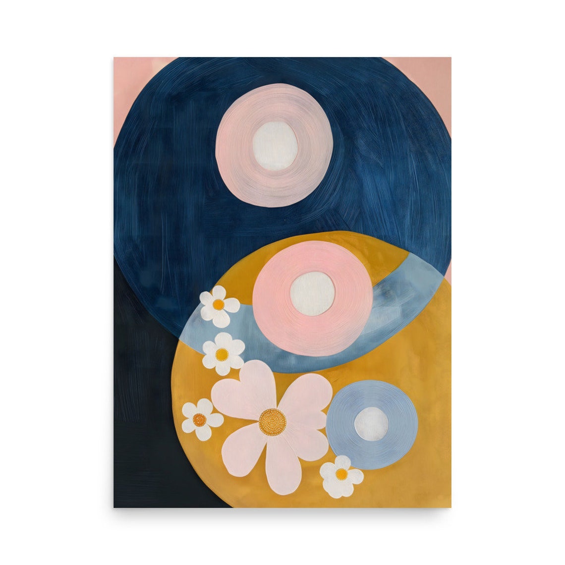 Hilma af Klint Style Navy Mustard Circles Pink Flowers Art Poster - Image 5