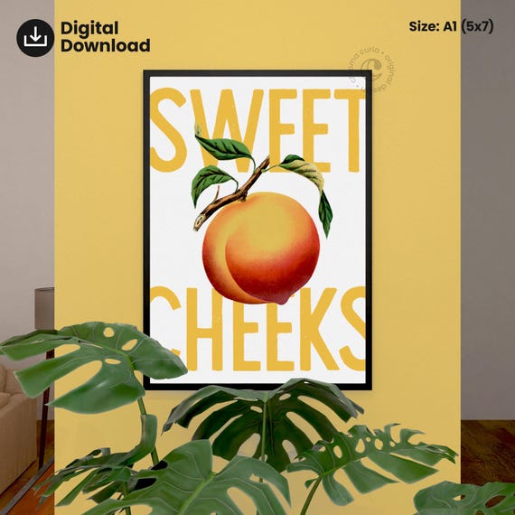 Sweet Cheeks Playful Peach Wall Art Fun Typography Print Quirky Endearing Kitchen Decor Modern Poster